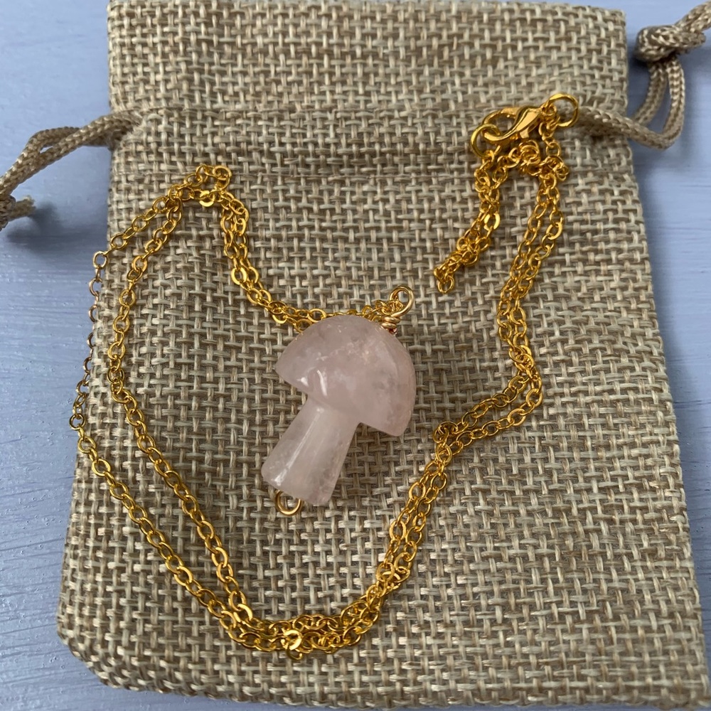 Crystal Mushroom Necklace | Mushroom Pendant | Gold Rose Quartz Necklace - Picture 1 of 2